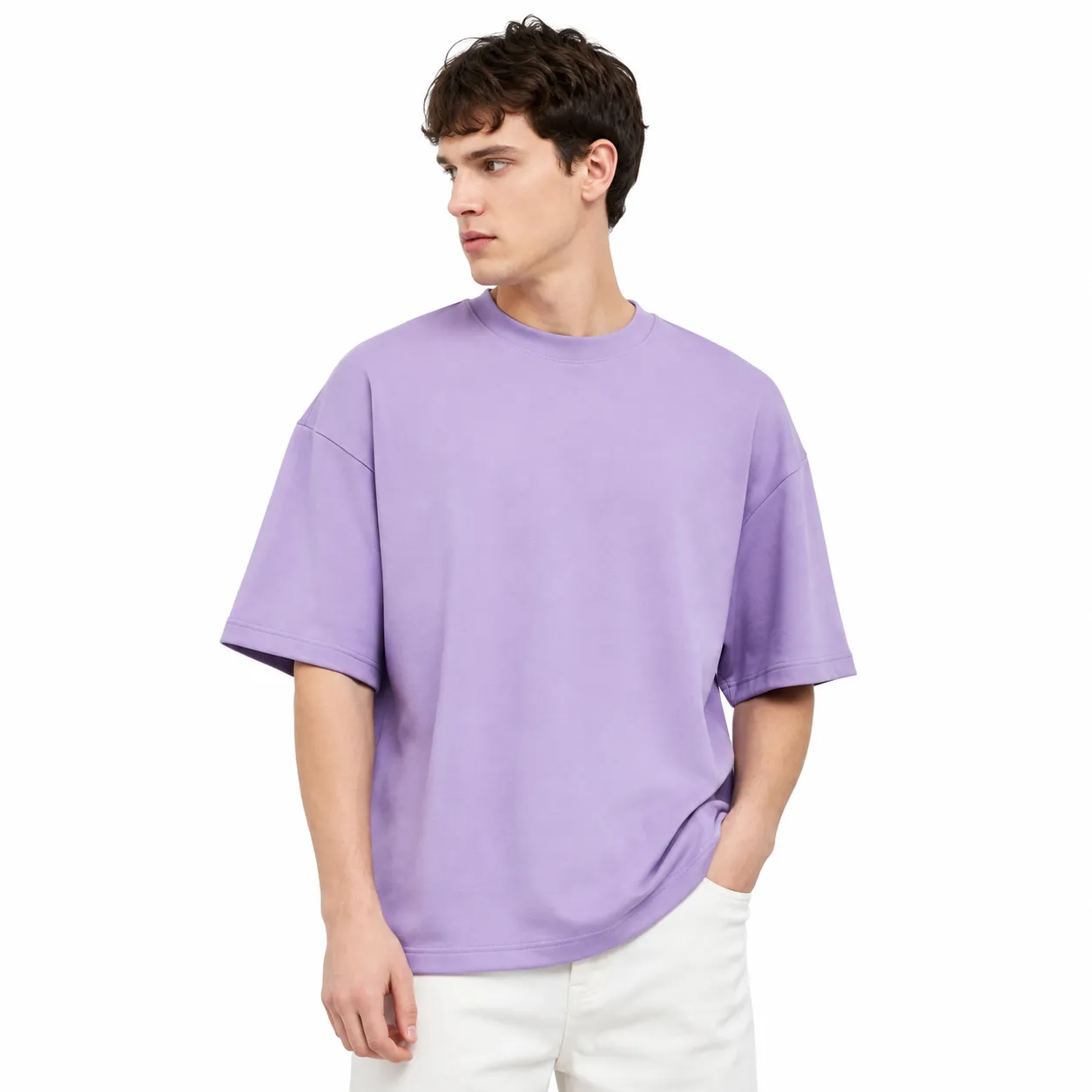 Men's Oversized T-Shirt 100% Cotton French Terry 240 GSM Solid Round Neck Half Sleeve Relaxed Fit Casual Streetwear in Lavender