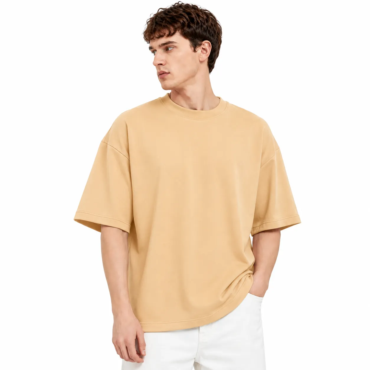 Men's Oversized T-Shirt 100% Cotton French Terry 240 GSM Solid Round Neck Half Sleeve Relaxed Fit Casual Streetwear in Camel