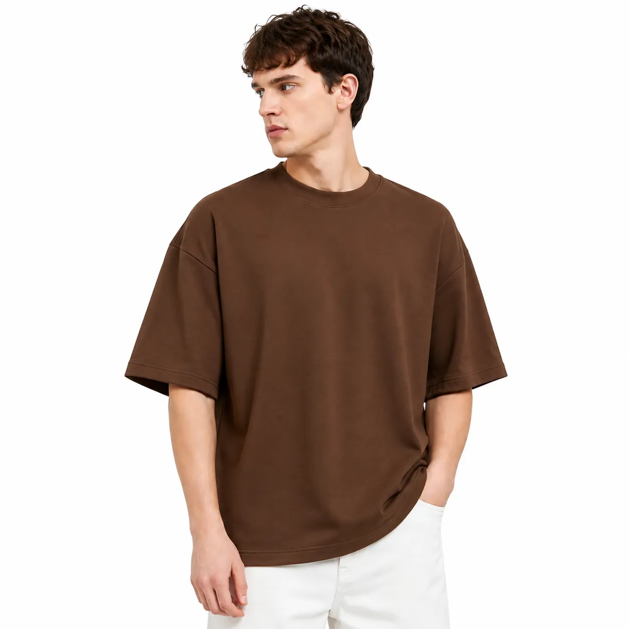 Men's Oversized T-Shirt 100% Cotton French Terry 240 GSM Solid Round Neck Half Sleeve Relaxed Fit Casual Streetwear in Brown