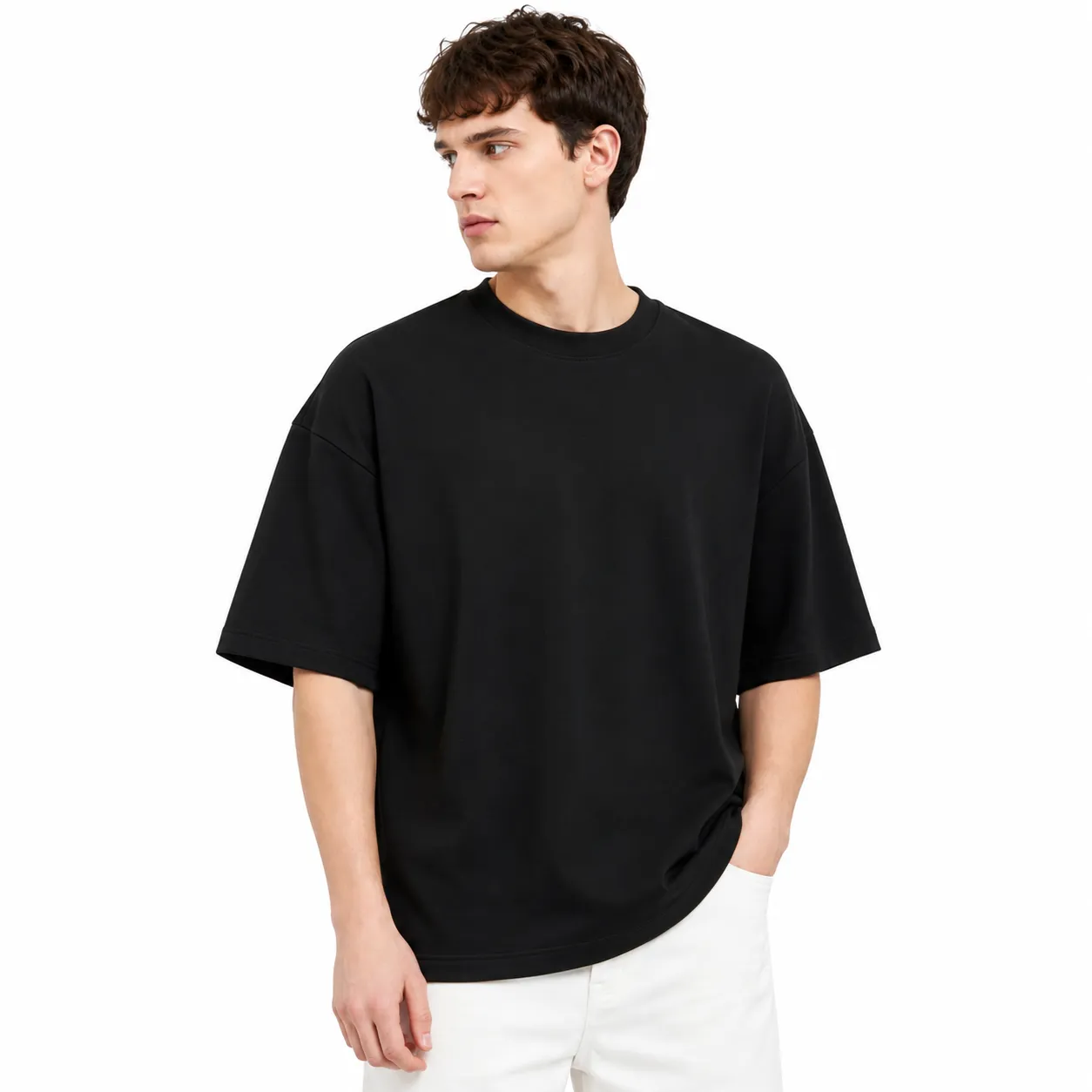 Men's Oversized T-Shirt 100% Cotton French Terry 240 GSM Solid Round Neck Half Sleeve Relaxed Fit Casual Streetwear in Black